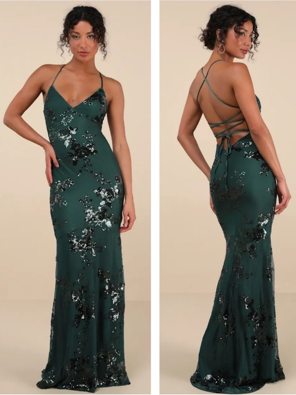 Valhalla Forest Green Sequin Lace-Up Maxi Dress